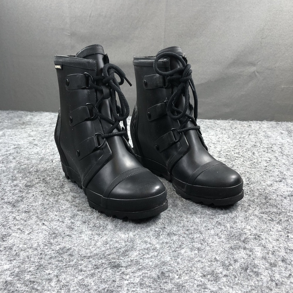 Sorel Joan Rain Boots Womens 9 Black Rubber Waterproof Ankle Wedg NL2442-010